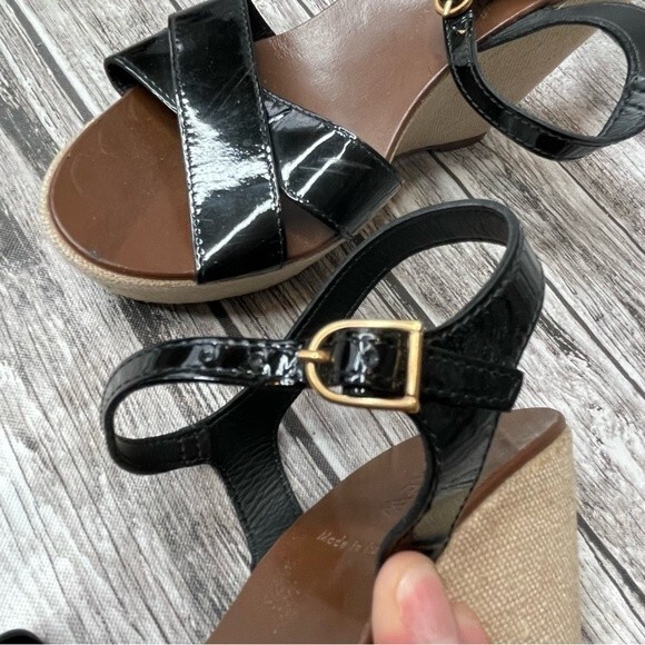 J. Crew Womens Patent Leather Canvas Wedge Sandals 7 Beige Black Made in Italy - Picture 9 of 13